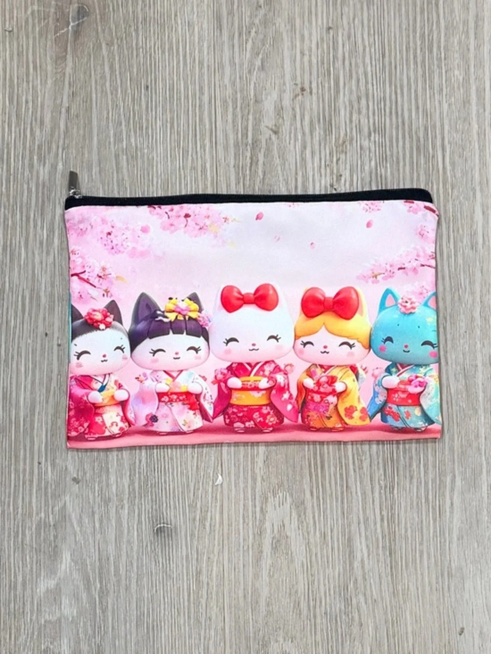 Cute Kawaii Cat Pouch with Pink Cherry Blossom Design